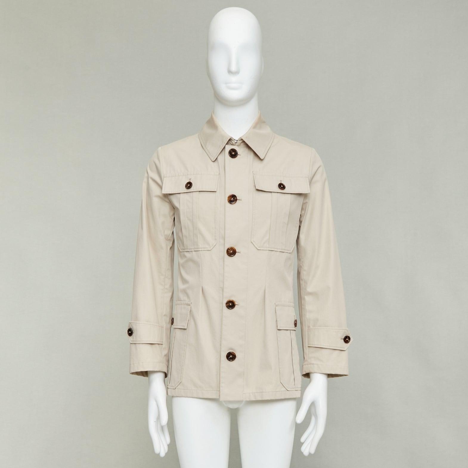 DOLCE GABBANA beige coton marron corne boutons poches veste de campagne IT44 XS en vente 5