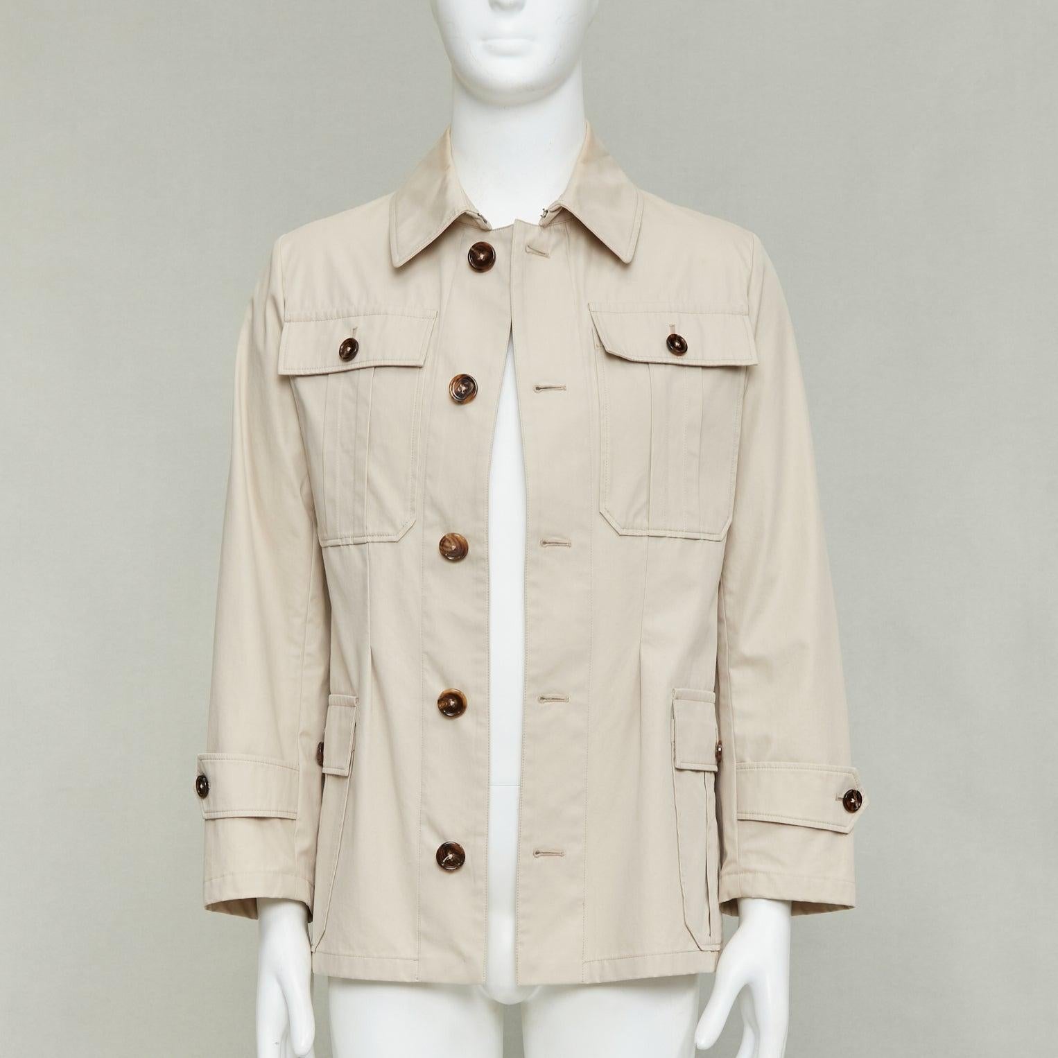 Beige DOLCE GABBANA beige coton marron corne boutons poches veste de campagne IT44 XS en vente