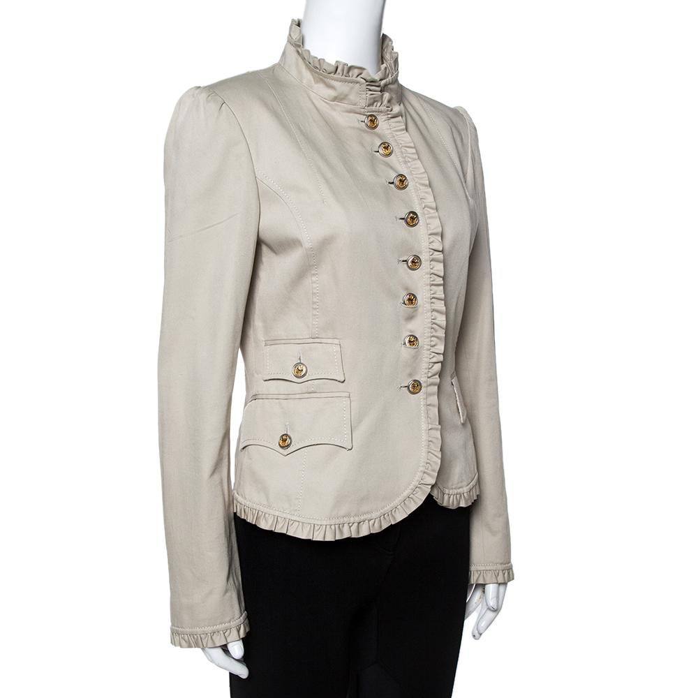 Dolce & Gabbana Beige Baumwolle Twill Ruffle Trim Blazer M im Zustand „Gut“ in Dubai, Al Qouz 2