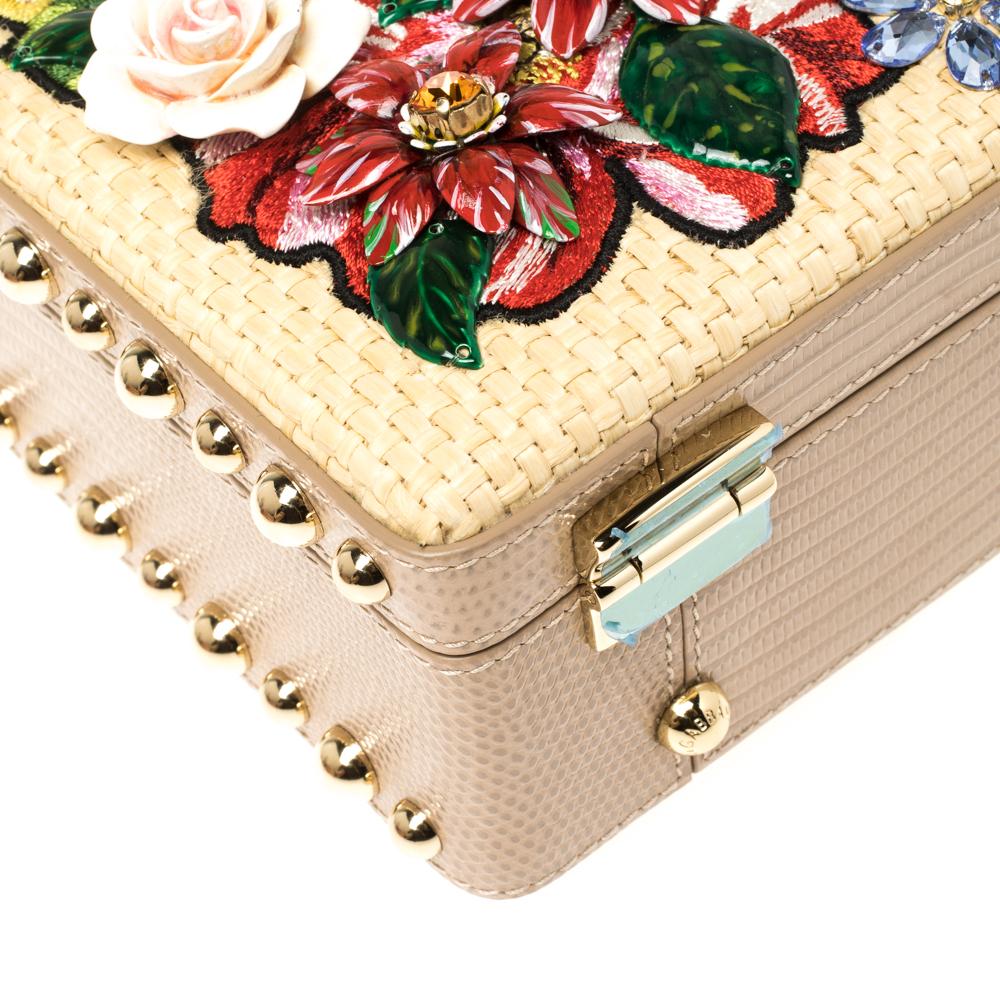 Dolce & Gabbana Beige Embroidered Raffia and Leather Crystal Box Top Handle Bag In New Condition In Dubai, Al Qouz 2