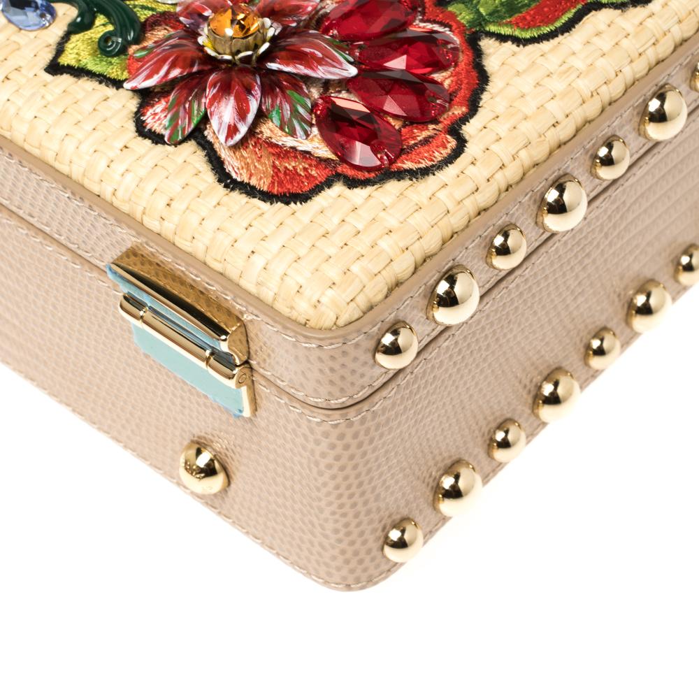 Women's Dolce & Gabbana Beige Embroidered Raffia and Leather Crystal Box Top Handle Bag