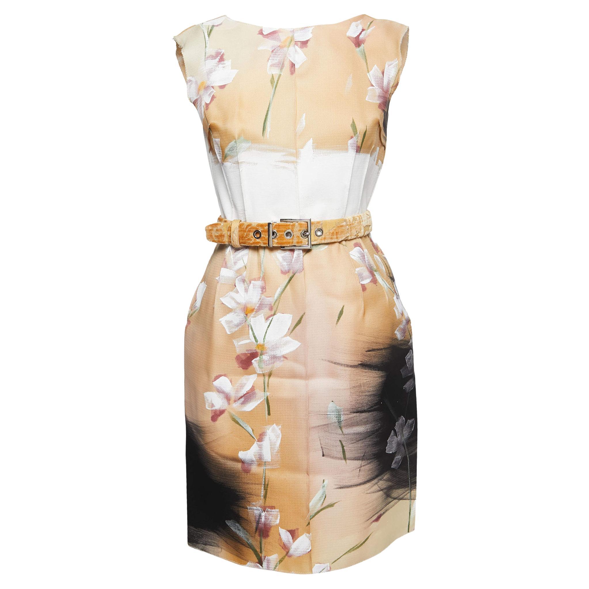 Dolce & Gabbana Beige Floral Hand Painted Canvas Limited Edition Midi Dress M For Sale