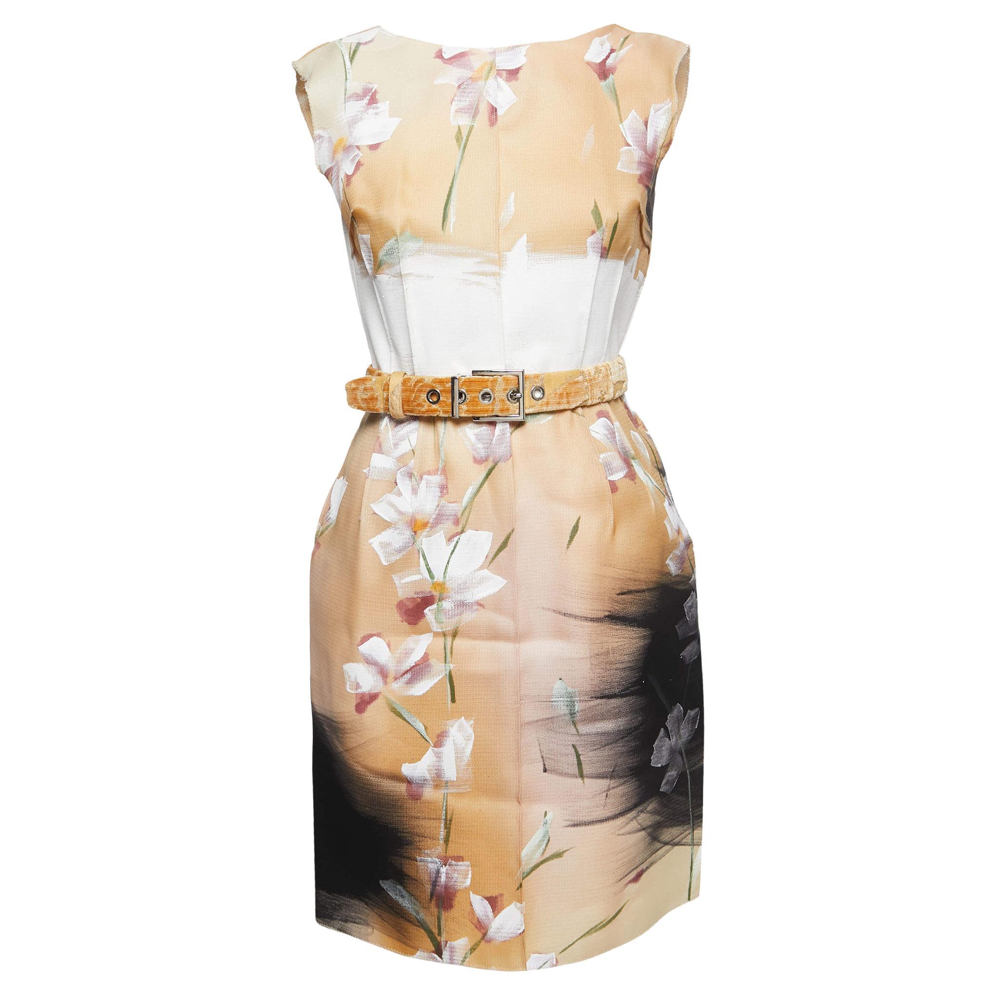 Dolce & Gabbana Beige Floral Hand Painted Canvas Limited Edition Midi Dress M