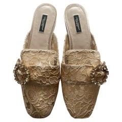 Dolce & Gabbana Beige Floral Lace Flats Slides Shoes Slippers Crystals Jewels