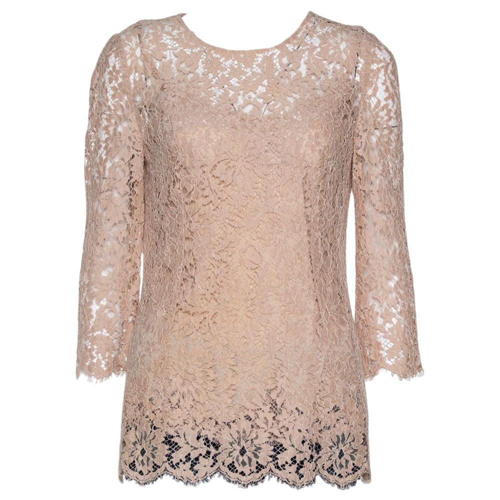 Dolce and Gabbana Beige Floral Lace Scalloped Long Sleeve Blouse M at ...