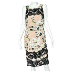 Dolce & Gabbana Beige Floral Printed Crepe & Lace Trim Ruched Sleeveless Dress L