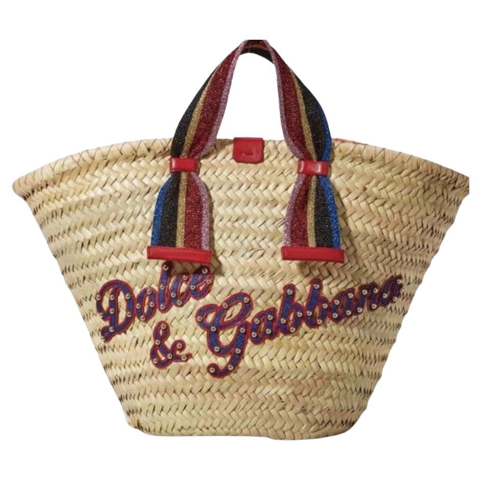 Dolce & Gabbana Beige Kendra Handbag Tote Bag D&G Straw Basket Floral Interior For Sale