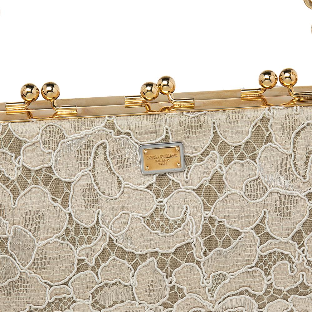 Dolce & Gabbana Beige Lace And Leather Kiss Lock Frame Clutch 4