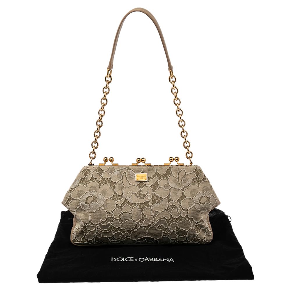 Dolce & Gabbana Beige Lace And Leather Kiss Lock Frame Clutch 5
