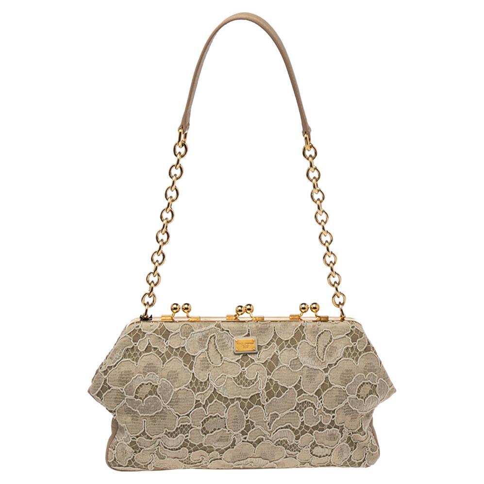 Dolce & Gabbana Beige Lace And Leather Kiss Lock Frame Clutch