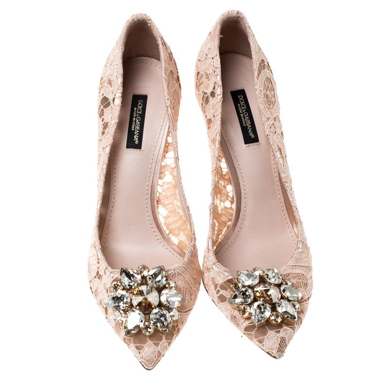 Own this meticulously designed pair of Dolce & Gabbana pumps today and dazzle everyone whenever you step out! Crafted out of lace and mesh in a soft beige hue and lined with leather on the insoles, this number is from their Belluci collection.