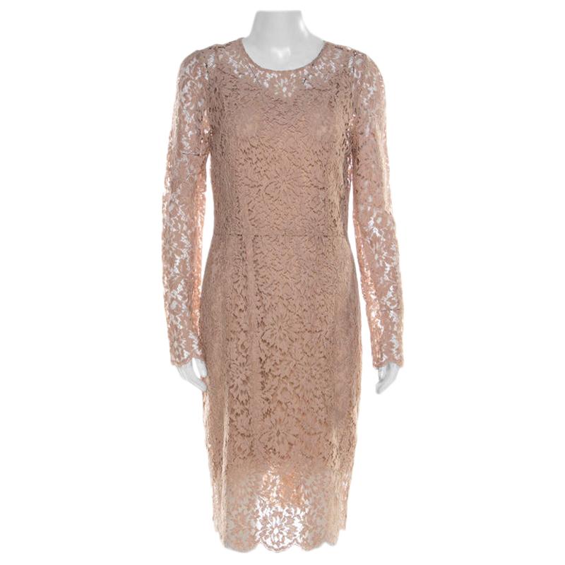 Dolce & Gabbana Beige Lace Detail Full Sleeve Sheath Dress M