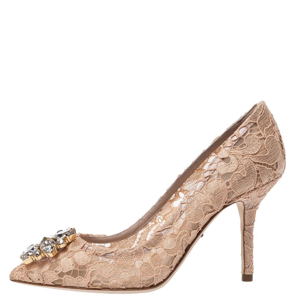 Dolce & Gabbana Beige Lace Jeweled Embellishment Pointed Toe Pumps Size 36 1