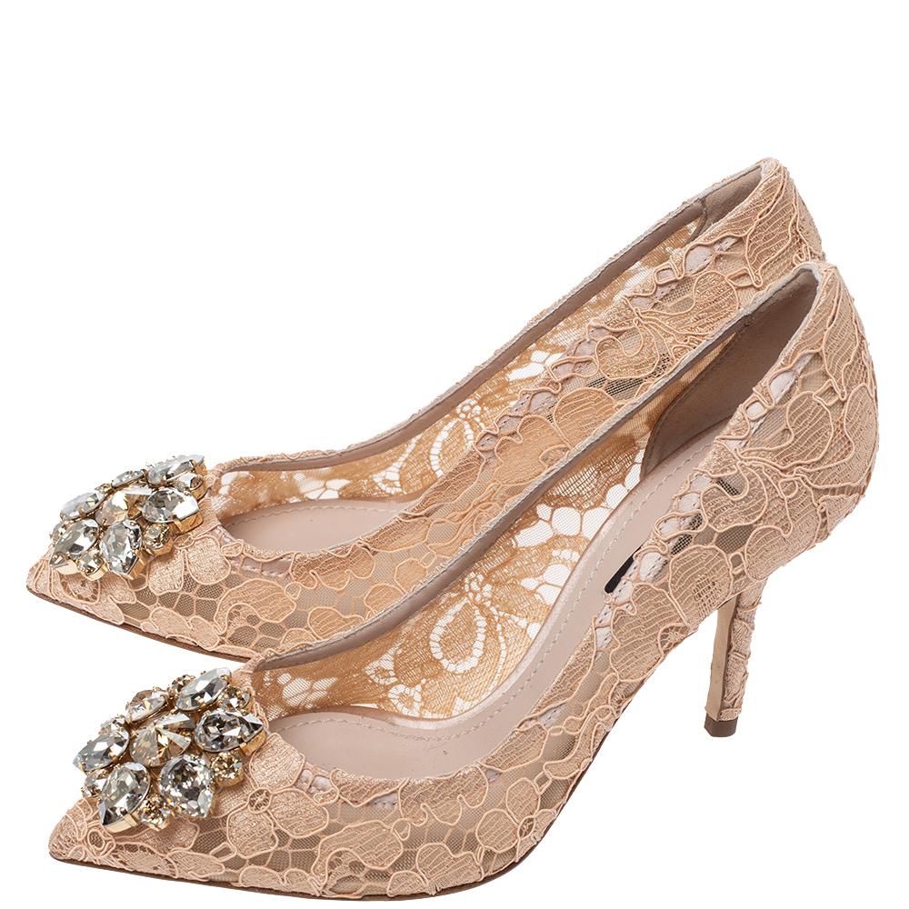 Dolce & Gabbana Beige Lace Jeweled Embellishment Pointed Toe Pumps Size 36 3