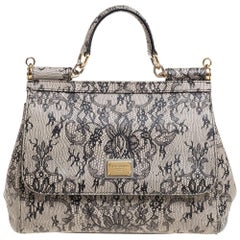 Dolce 
Gabbana Beige Lace Print Leather Medium Miss Sicily Top Handle Bag