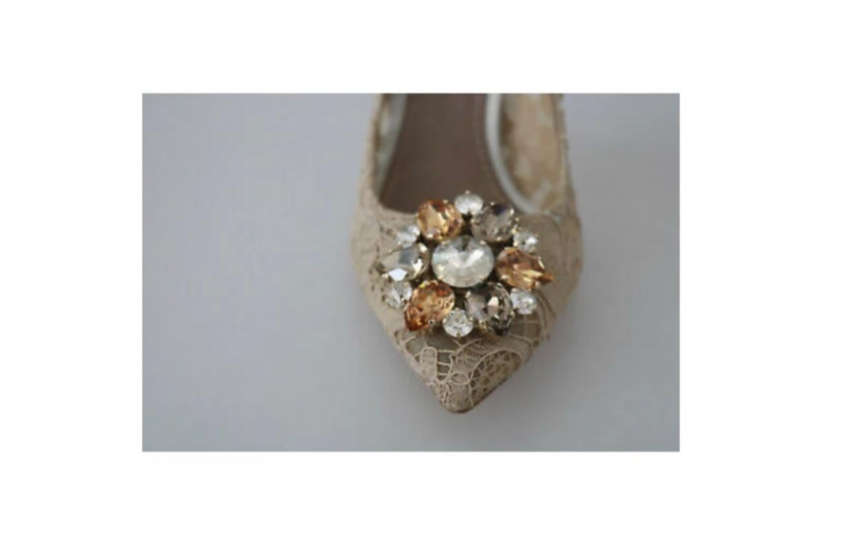 Women's Dolce & Gabbana Beige Lace Pumps Heels Shoes Jewel Crystals Floral Leather