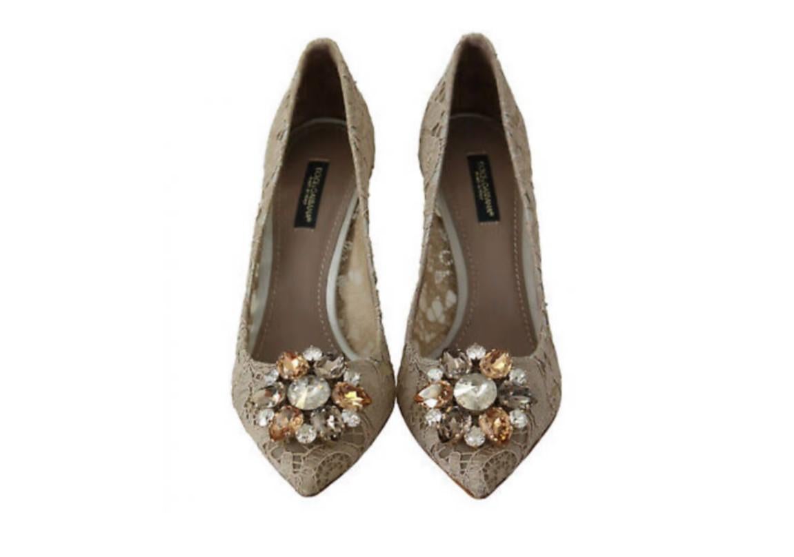 Dolce & Gabbana Beige Lace Pumps Heels Shoes Jewel Crystals Floral Leather 2