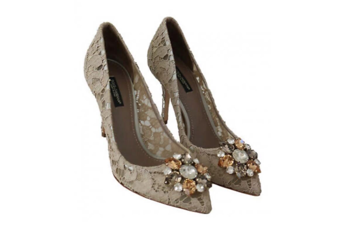Dolce & Gabbana Beige Lace Pumps Heels Shoes Jewel Crystals Floral Leather 3