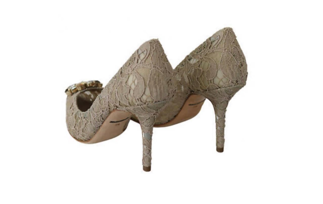 Dolce & Gabbana Beige Lace Pumps Heels Shoes Jewel Crystals Floral Leather 4