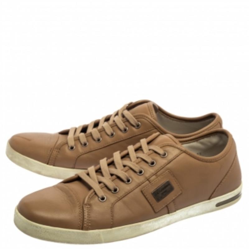Dolce & Gabbana Beige Leather Cap Toe Low Top Sneakers Size 45 For Sale 2