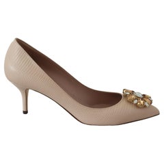 Dolce & Gabbana Beige Leather Classic Heels Pumps Shoes With Floral Crystals