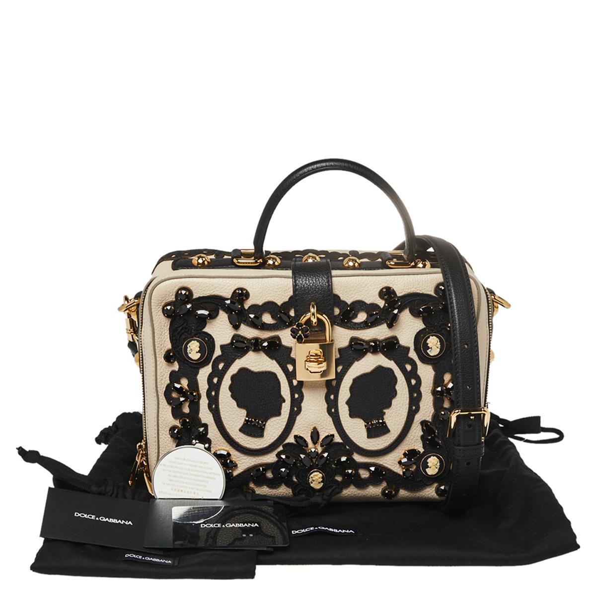 Dolce & Gabbana Beige Leather Embellished Large Rosaria Box Top Handle Bag 4