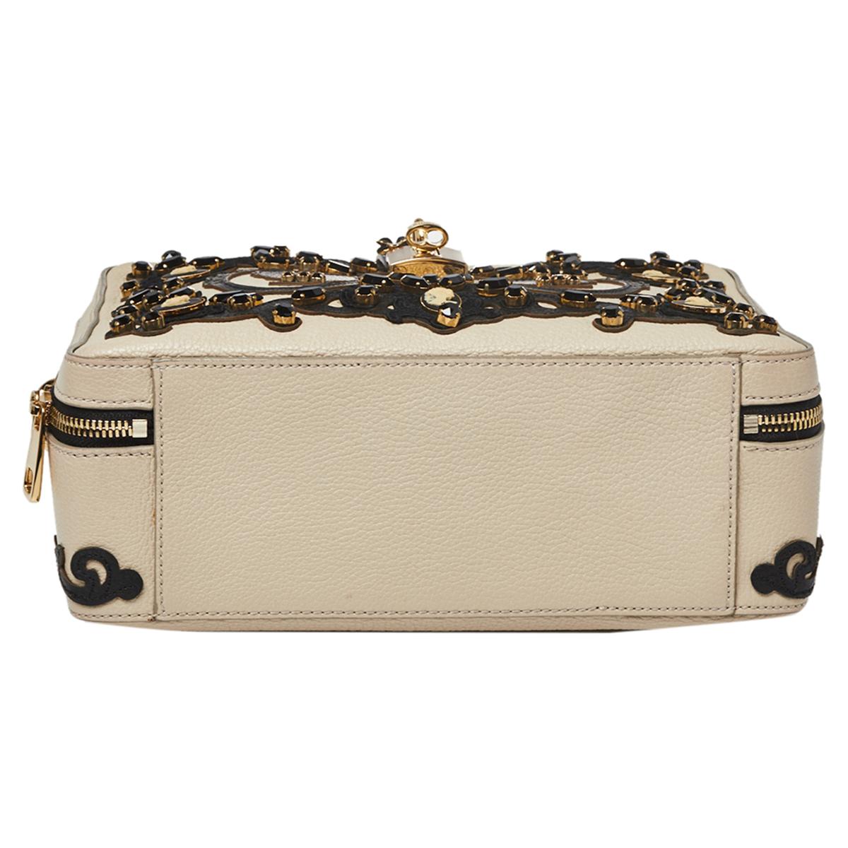 Black Dolce & Gabbana Beige Leather Embellished Large Rosaria Box Top Handle Bag