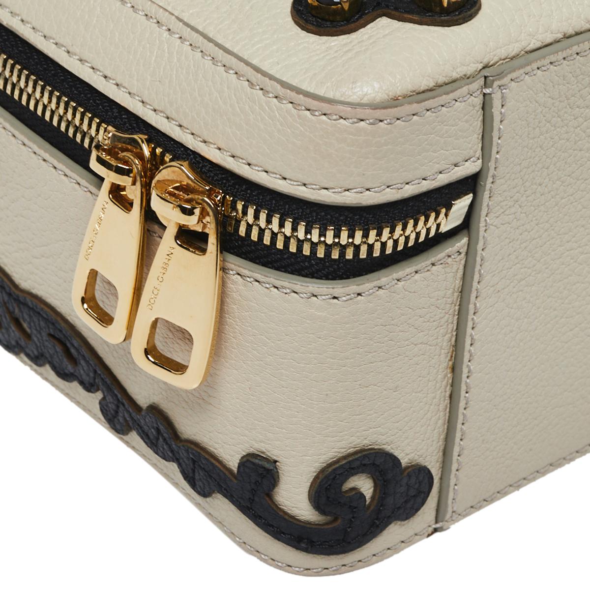 Dolce & Gabbana Beige Leather Embellished Large Rosaria Box Top Handle Bag In Excellent Condition In Dubai, Al Qouz 2