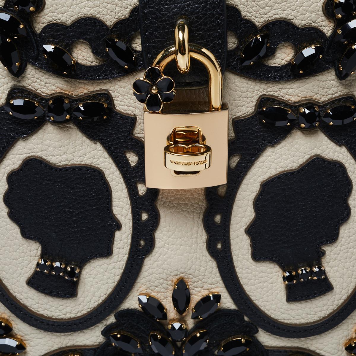 Women's Dolce & Gabbana Beige Leather Embellished Large Rosaria Box Top Handle Bag