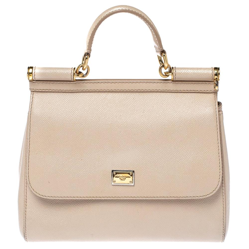 Dolce & Gabbana Beige Leather Medium Miss Sicily Top Handle Bag