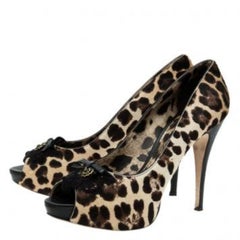 Dolce & Gabbana Beige Leopard Print Pony Hair Bow Peep Toe Pumps Size 40