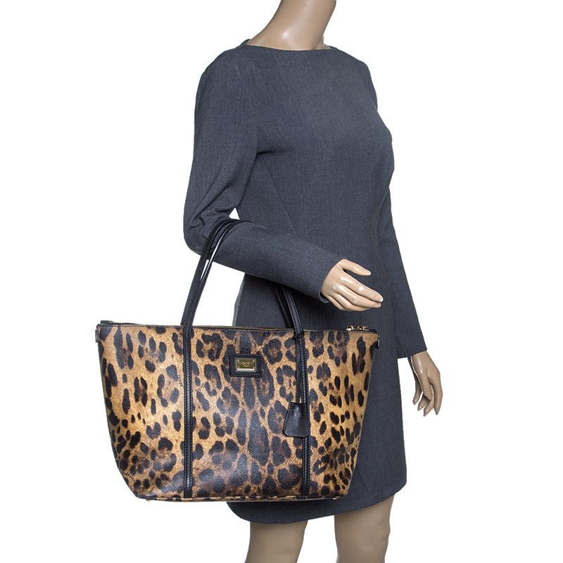 Black Dolce & Gabbana Beige Leopard Print PVC Miss Escape Tote