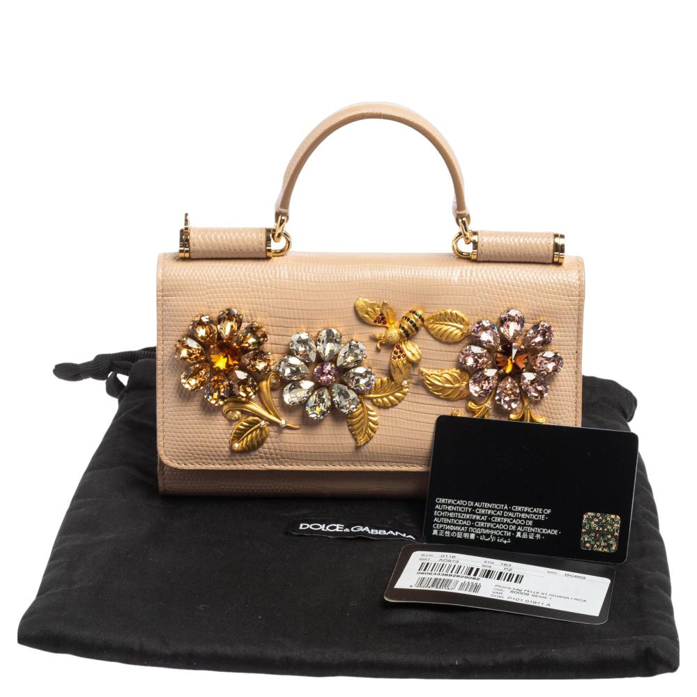 Dolce & Gabbana Beige Lizard Embossed Leather Sicily Von Crystals Smartphone Bag 8
