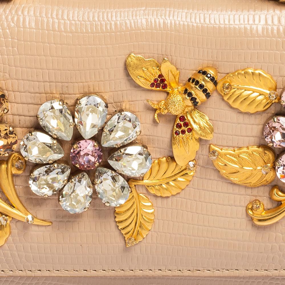 Women's Dolce & Gabbana Beige Lizard Embossed Leather Sicily Von Crystals Smartphone Bag