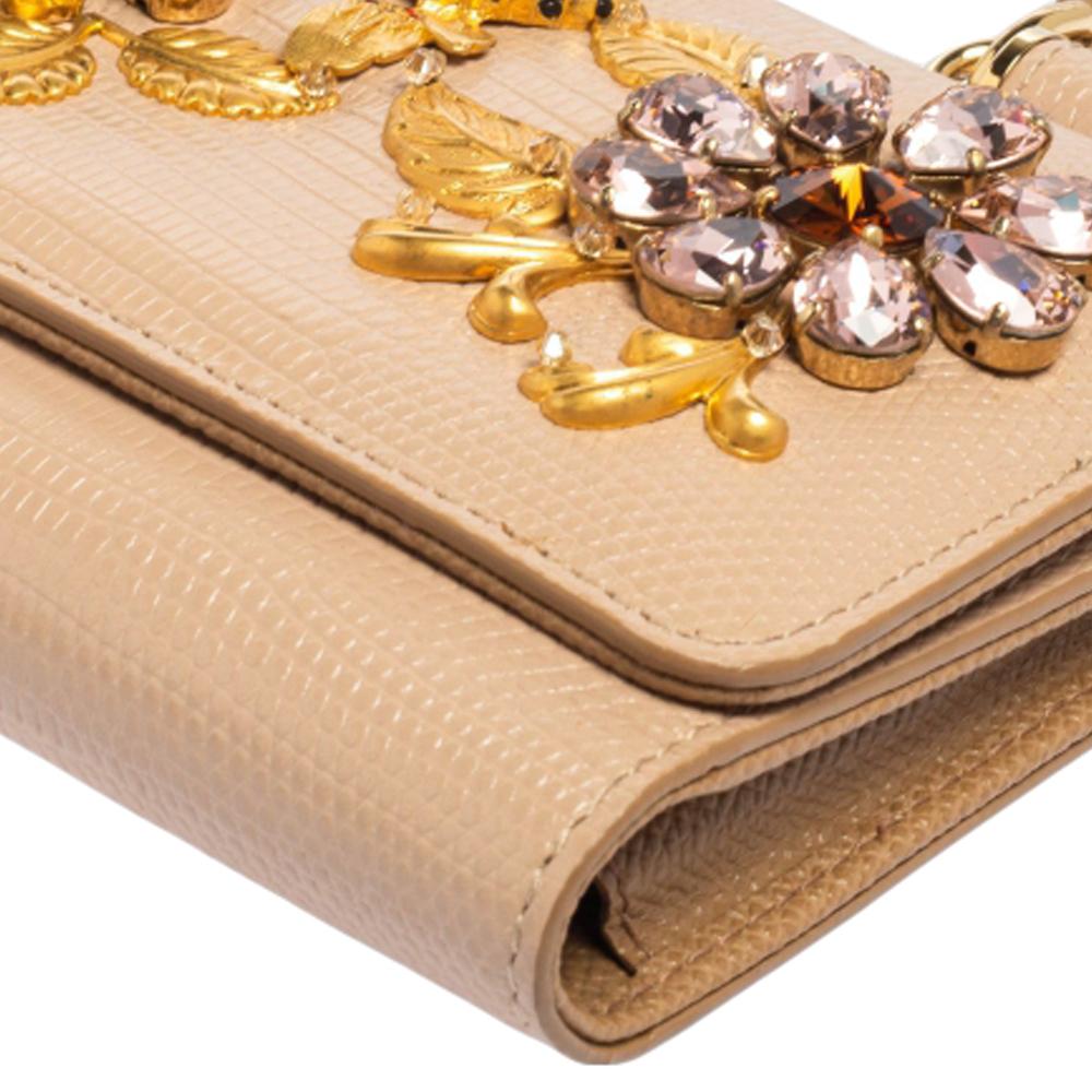 Dolce & Gabbana Beige Lizard Embossed Leather Sicily Von Crystals Smartphone Bag 2
