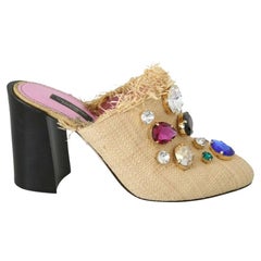 Dolce & Gabbana Beige Multicolor Straw Crystals Shoes Sandals Heels Slides DG