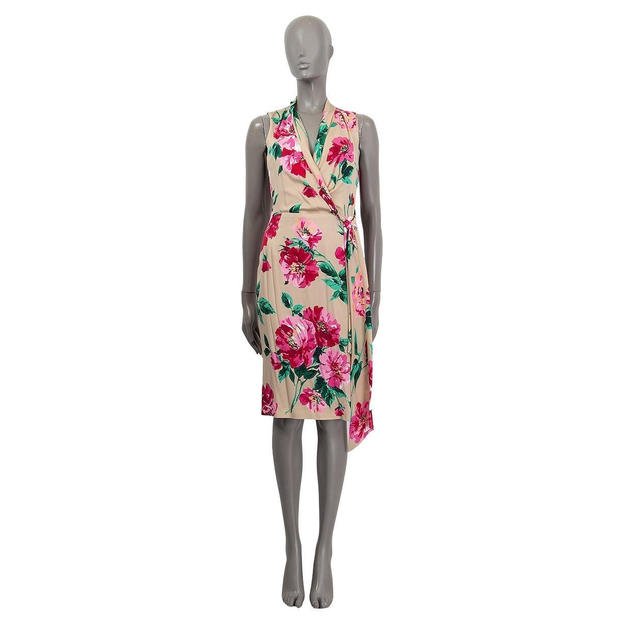 DOLCE & GABBANA beige & pink silk FLORAL SLEEVELESS WRAP Dress 42 M For Sale