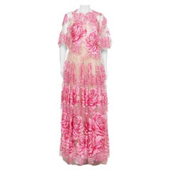 Dolce & Gabbana Beige & Pink Tulle Floral Applique Detail Gown L