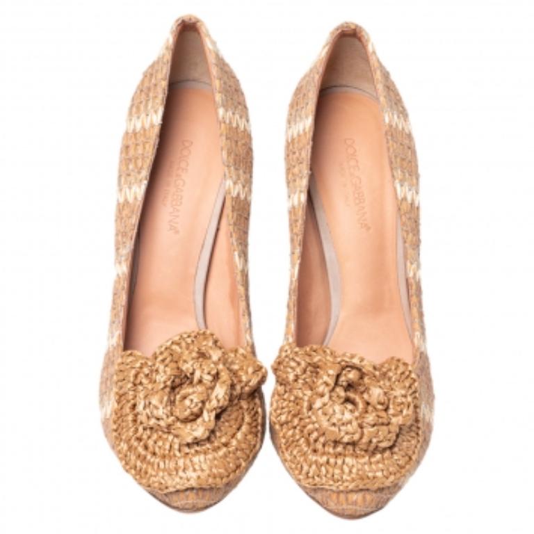 Dolce & Gabbana Beige Raffia And Fabric Flower Pumps Size 39 1