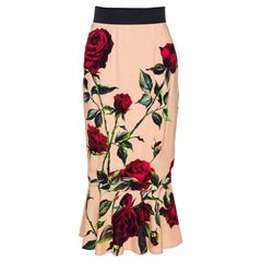 Dolce & Gabbana Beige Rose Print Crepe Flounce Skirt S
