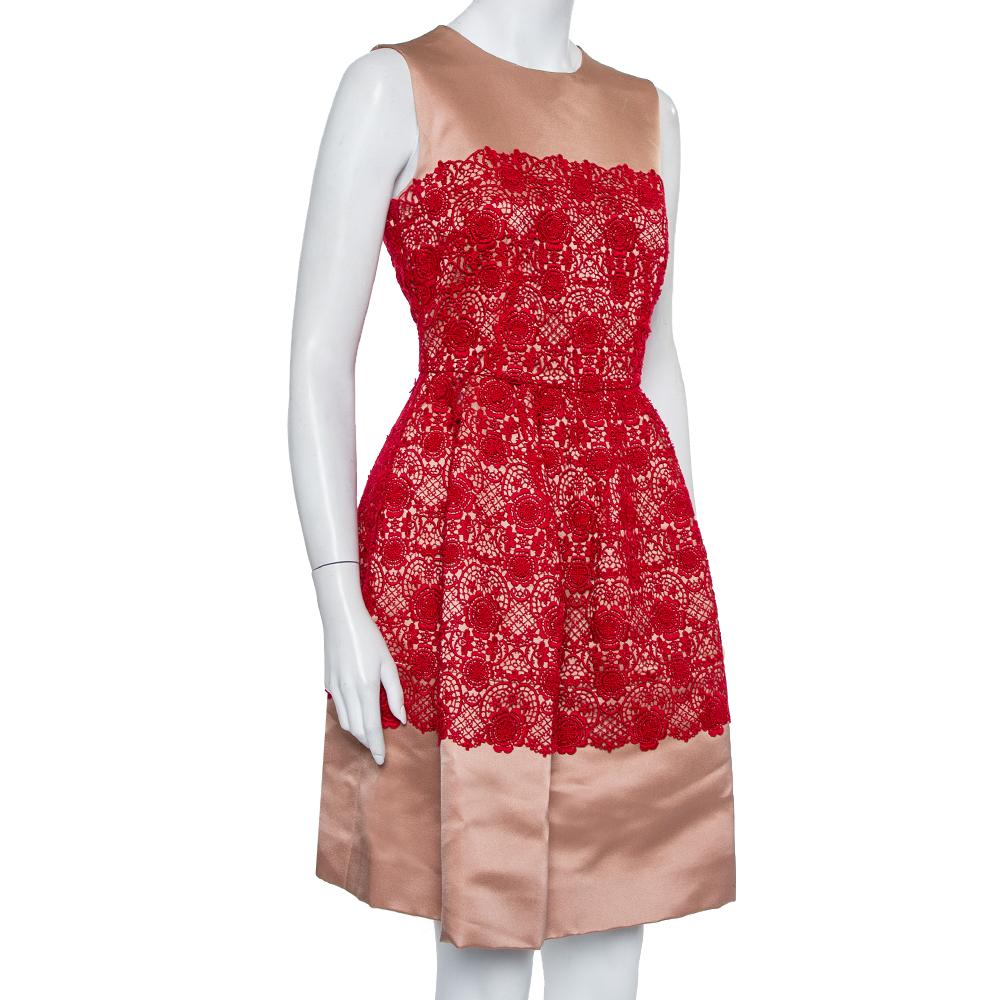 lace trim satin mini dress in red