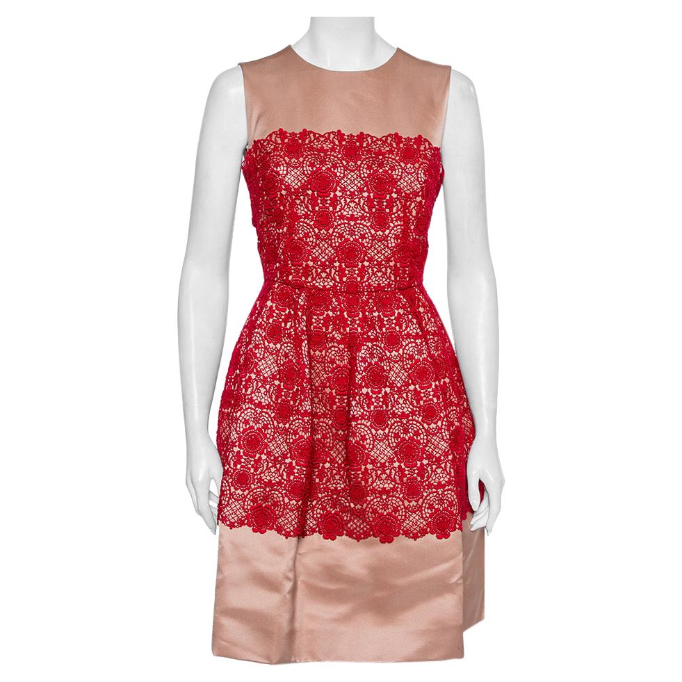 Dolce & Gabbana Beige Satin Lace Trim Detail Sleeveless Mini Dress M For Sale