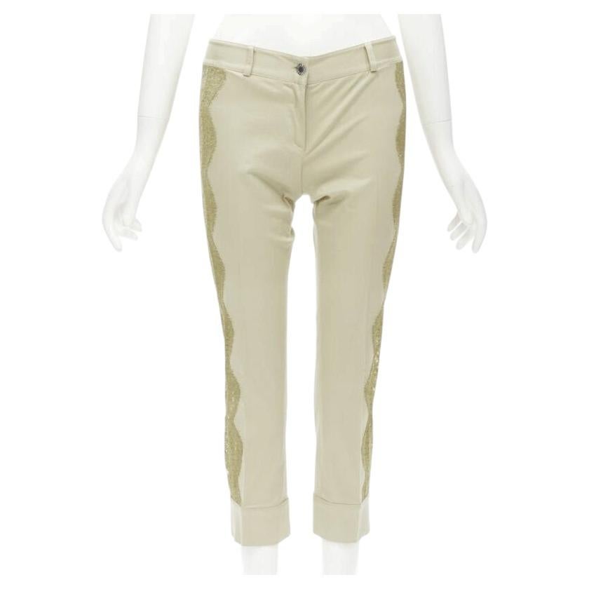 DOLCE GABBANA beige sheer lace insert metal plate cropped pants S For Sale