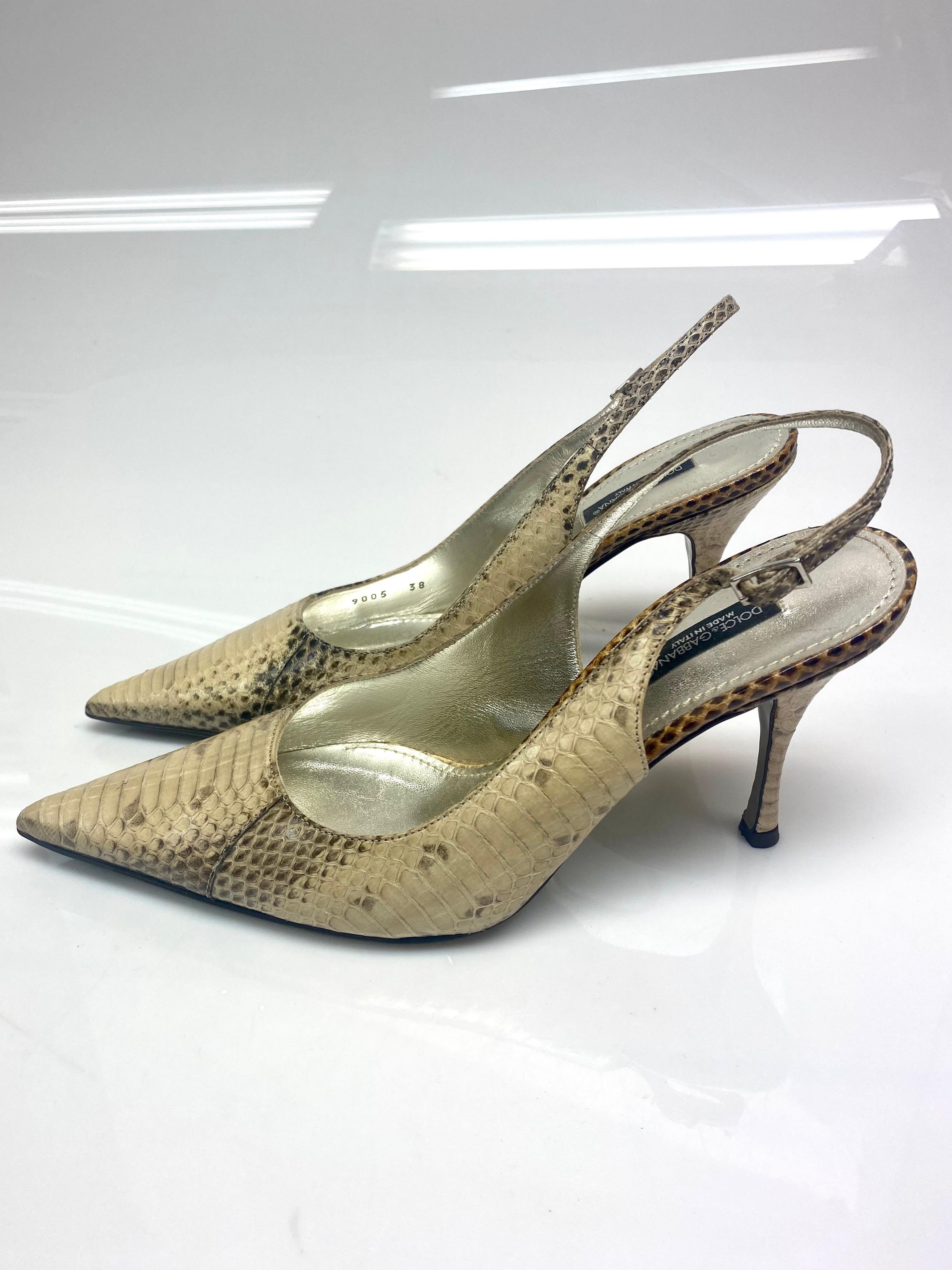 Dolce & Gabbana Beige Snake Slingback Heels Size 38 For Sale 1