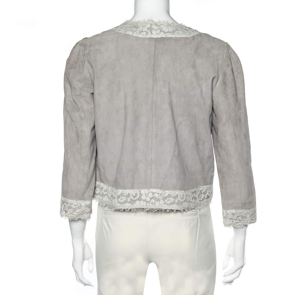 Dolce & Gabbana Beige Suede & Lace Trim Button Front Blouson Jacket M In Good Condition For Sale In Dubai, Al Qouz 2