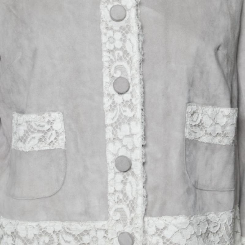 Dolce & Gabbana Beige Suede & Lace Trim Button Front Blouson Jacket M Pour femmes en vente