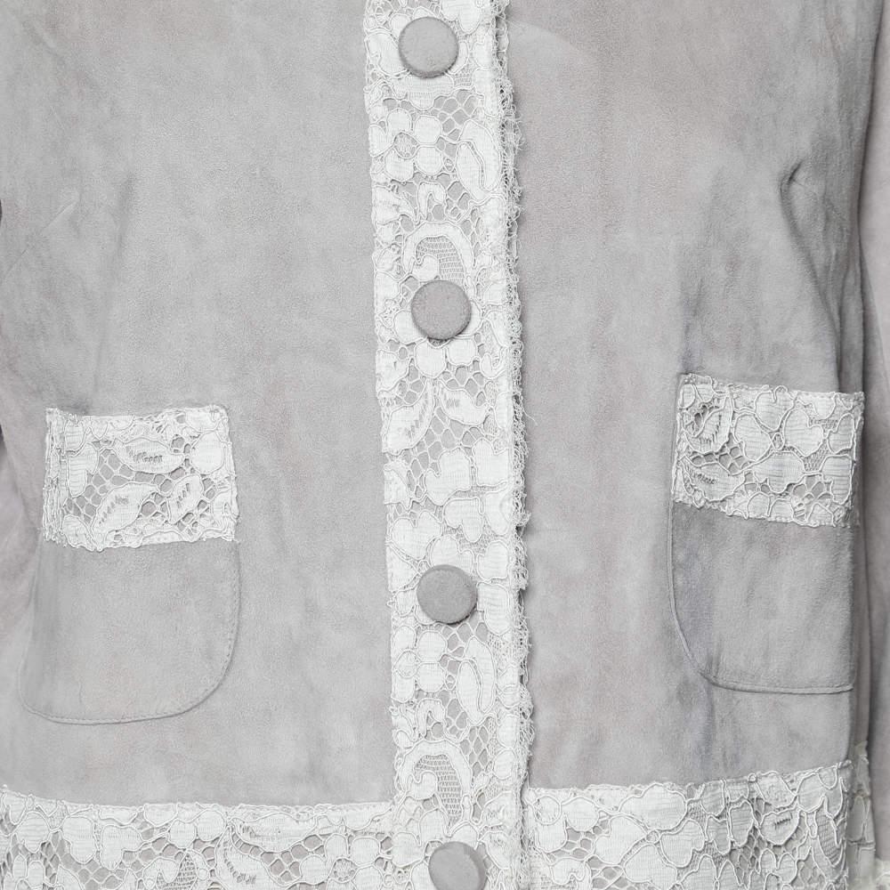 Women's Dolce & Gabbana Beige Suede & Lace Trim Button Front Blouson Jacket M For Sale