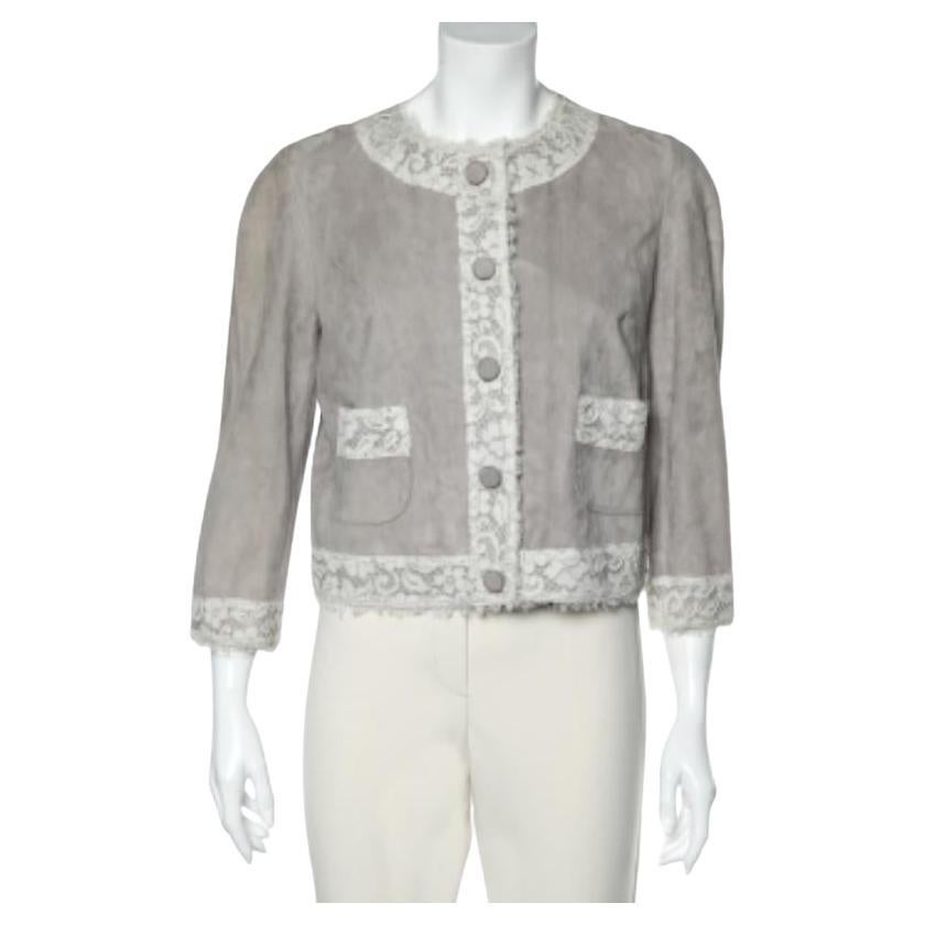 Dolce & Gabbana Beige Suede & Lace Trim Button Front Blouson Jacket M en vente