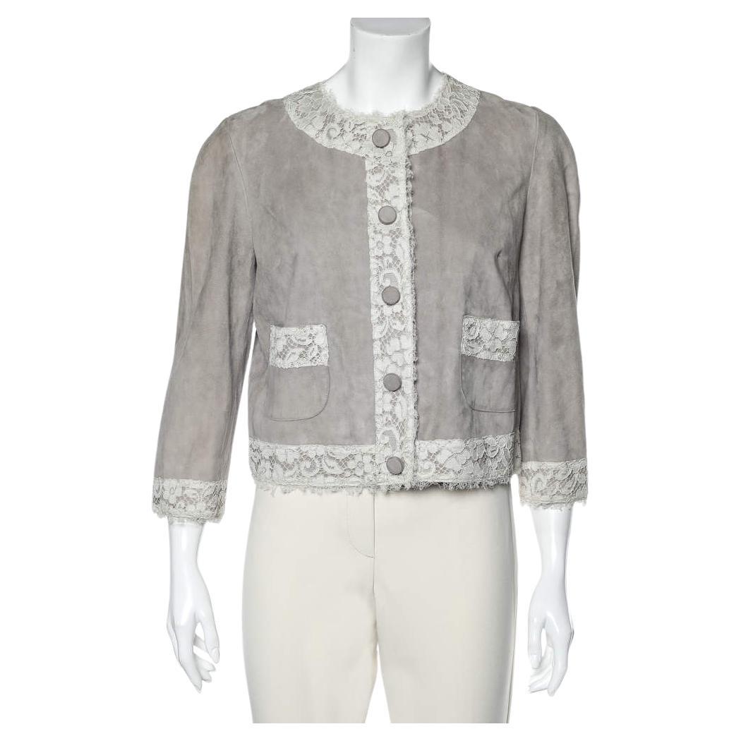 Dolce & Gabbana Beige Suede & Lace Trim Button Front Blouson Jacket M For Sale