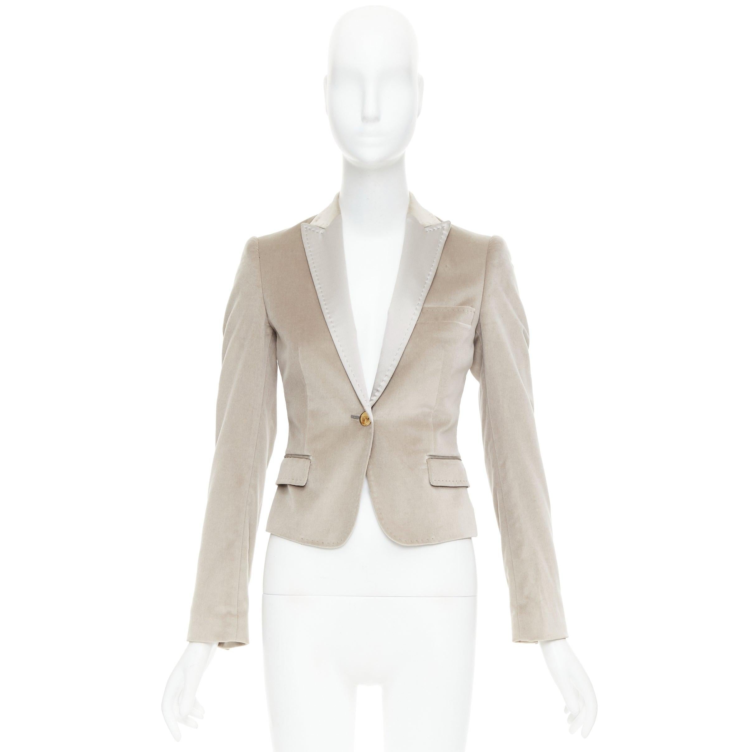 DOLCE GABBANA beige velvet satin peak lapel cropped tux blazer IT36 XXS For Sale 5
